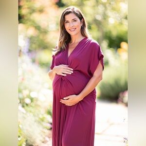 Seraphine Maternity Twist-Front Midi Dress Magenta Stretch Size 12 Baby Shower